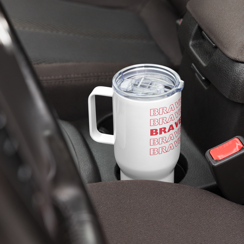 Brave Like Me Travel Mug with Handle (Stacked, Red Design)